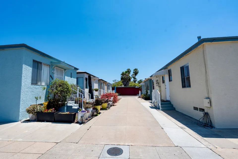 Small, colorful homes on small lot in San Diego, California.